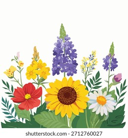 Illustration von verschiedenen Blumen in voller Blüte. Features rote, gelbe, blaue und weiße Blüten mit grünen Blättern, auf einfarbigem Hintergrund gesetzt.