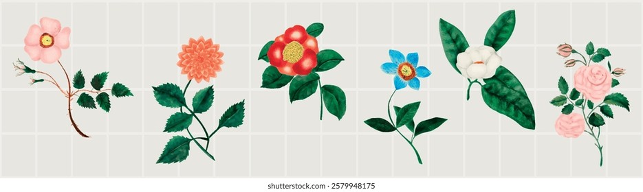 Illustration of various flowers with green leaves. Features pink, orange, red, blue, and white flowers. Floral design with diverse flower types and colors. Spring flower illustrations, vector set.