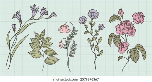 Illustration of various flowers with leaves on a grid background. Features roses, leaves, and delicate flowers. Botanical art with roses and leaves. Spring flower illustrations, isolated vector set.