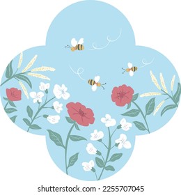 An illustration of various flowers such as chestnut flowers and acacia in a flower-shaped frame, and bees fly on it. Inside the sticker card frame, there are flowers under the blue background.