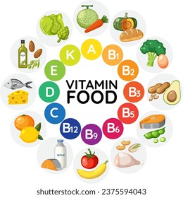Illustration of various food groups categorized by vitamin content