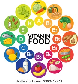 Illustration of various food groups categorized by vitamin content