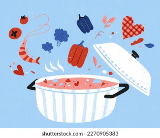 Illustration of various food ingredients and a large pot of soup isolated on light blue background.