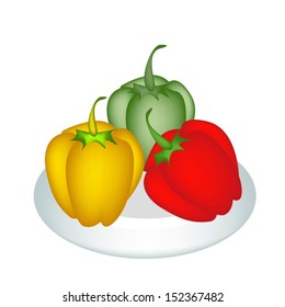 An Illustration of Various Fresh Bell Peppers in Red, Green and Yellow Colors on A Beautiful white Dish 