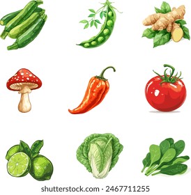 Una ilustración de varias verduras y frutas frescas, incluyendo calabacín, guisantes verdes, jengibre, hongos, pimientos, tomates, limas, bok choy y espinacas.