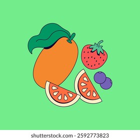 Illustration of various fruits, including an orange, strawberry, and blueberries, perfect for healthy eating themes and food-related designs
