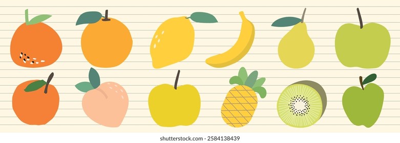 Illustration of various fruits like orange, lemon, banana, and kiwi. Bright, colorful fruits on a lined background. Simple, playful fruit design. Vector element set.