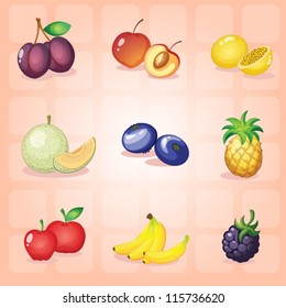 illustration of various fruits on a red background