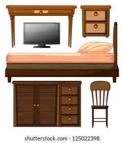 Illustration of various furnitures and lcd television on a white background