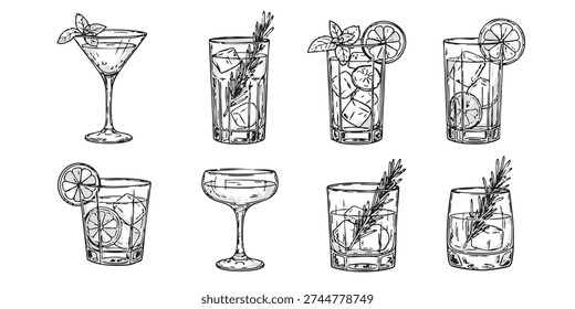 Illustration of various glasses containing different beverages in a clean and simple style. A collection of illustrated cocktail glasses with various garnishes and mixers displayed from a straightforward viewpoint