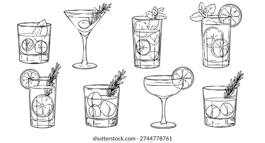 Illustration of various glasses containing different beverages in a clean and simple style. A collection of illustrated cocktail glasses with various garnishes and mixers displayed from a straightforward viewpoint