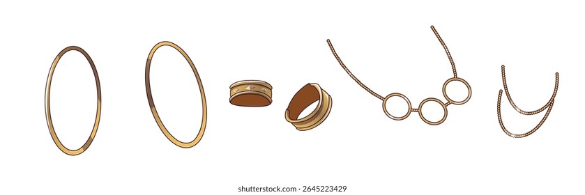 Ilustração de várias joias de ouro, incluindo anéis e colares com um pano de fundo simples. Design elegante e sofisticado ideal para temas de moda ou acessórios.