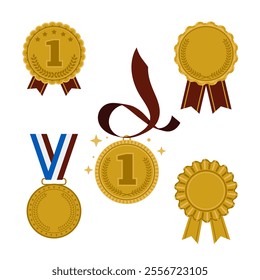 Illustration of various gold medals and ribbons, symbolizing first place achievements, awards, and excellence. Medal element creation set.