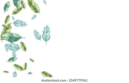 illustration of various green and blue leaves scattered on a white background. Perfect for nature-themed designs. The vibrant colors and delicate details make it visually appealing.