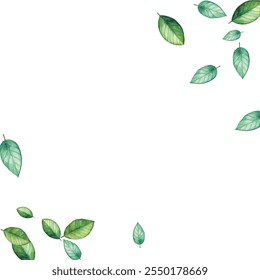 illustration of various green and blue leaves scattered on a white background. Perfect for nature-themed designs. The vibrant colors and delicate details make it visually appealing.