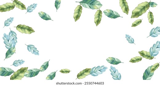 illustration of various green and blue leaves scattered on a white background. Perfect for nature-themed designs. The vibrant colors and delicate details make it visually appealing.