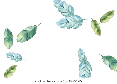 illustration of various green and blue leaves scattered on a white background. Perfect for nature-themed designs. The vibrant colors and delicate details make it visually appealing.