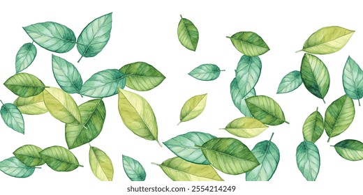 illustration of various green and blue leaves scattered on a white background. Perfect for nature-themed designs. The vibrant colors and delicate details make it visually appealing.