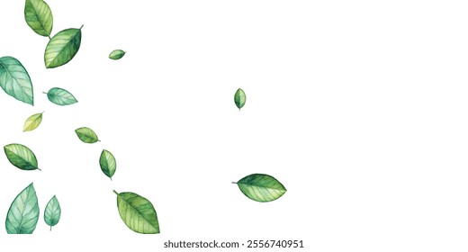 illustration of various green and blue leaves scattered on a white background. Perfect for nature-themed designs. The vibrant colors and delicate details make it visually appealing.