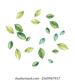 illustration of various green and blue leaves scattered on a white background. Perfect for nature-themed designs. The vibrant colors and delicate details make it visually appealing.