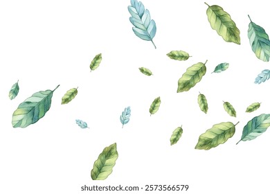 illustration of various green and blue leaves scattered on a white background. Perfect for nature-themed designs. The vibrant colors and delicate details make it visually appealing.