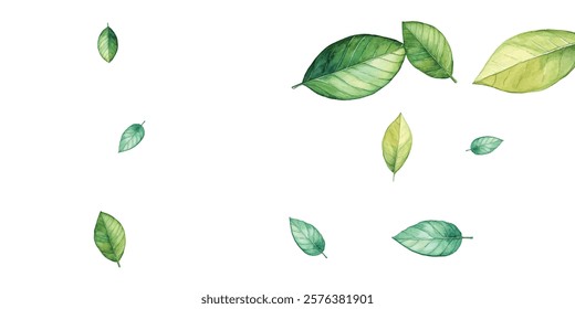 illustration of various green and blue leaves scattered on a white background. Perfect for nature-themed designs. The vibrant colors and delicate details make it visually appealing.