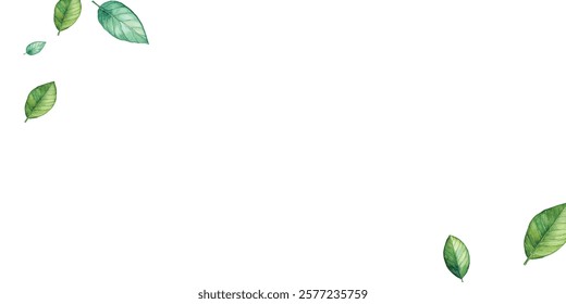 illustration of various green and blue leaves scattered on a white background. Perfect for nature-themed designs. The vibrant colors and delicate details make it visually appealing.