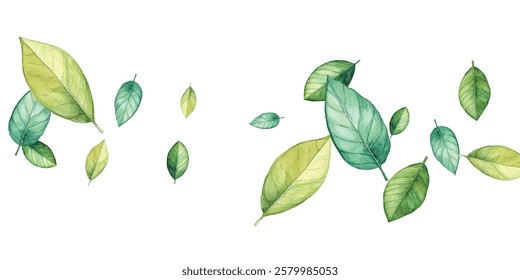 illustration of various green and blue leaves scattered on a white background. Perfect for nature-themed designs. The vibrant colors and delicate details make it visually appealing.