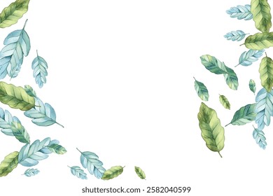 illustration of various green and blue leaves scattered on a white background. Perfect for nature-themed designs. The vibrant colors and delicate details make it visually appealing.