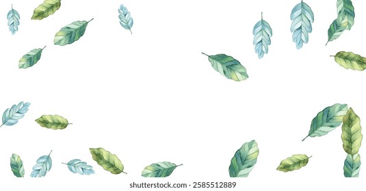 illustration of various green and blue leaves scattered on a white background. Perfect for nature-themed designs. The vibrant colors and delicate details make it visually appealing.