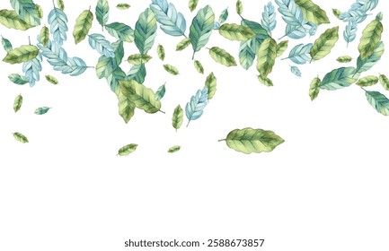 illustration of various green and blue leaves scattered on a white background. Perfect for nature-themed designs. The vibrant colors and delicate details make it visually appealing.