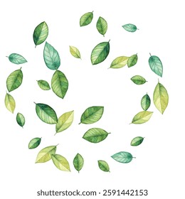 illustration of various green and blue leaves scattered on a white background. Perfect for nature-themed designs. The vibrant colors and delicate details make it visually appealing.