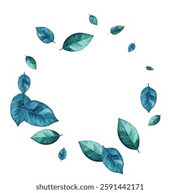 illustration of various green and blue leaves scattered on a white background. Perfect for nature-themed designs. The vibrant colors and delicate details make it visually appealing.