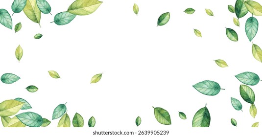 illustration of various green and blue leaves scattered on a white background. Perfect for nature-themed designs. The vibrant colors and delicate details make it visually appealing.