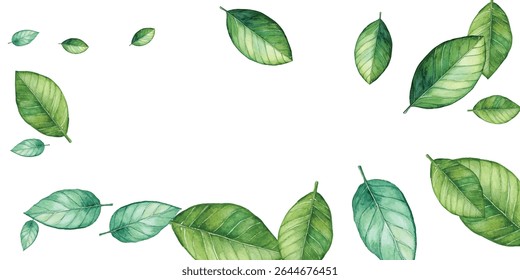 illustration of various green and blue leaves scattered on a white background. Perfect for nature-themed designs. The vibrant colors and delicate details make it visually appealing.