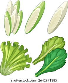 Illustration of various green vegetables in a clean vector style. Includes detailed textures and vibrant colors for visual appeal