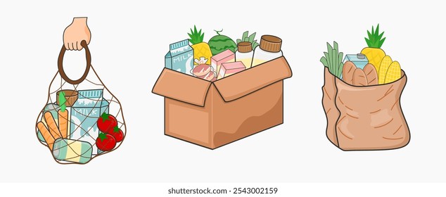 Ilustración de varias bolsas de comestibles, incluidas bolsas reutilizables ecológicas y cajas llenas de productos frescos. Ideal para contenido sobre compras sostenibles, tiendas de comestibles y envases de alimentos