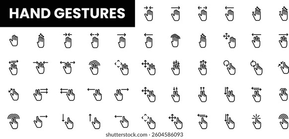 Illustration of various hand gestures in black and white, showcasing communication symbols.