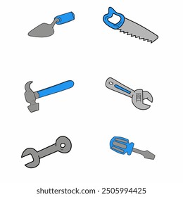 Ilustración de varias herramientas de mano, incluyendo una sierra, martillo, llave, destornillador y paleta, esencial para las tareas de construcción y reparación del hogar. Ideal para entusiastas y profesionales del bricolaje.