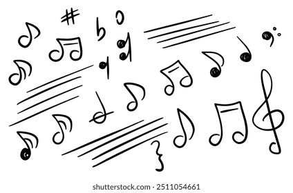 Illustration of various hand-drawn musical notes, symbols, and staff lines, showcasing a creative representation of music notation.