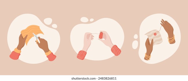 Illustration of various hands sewing and tailoring. Different hands hold thread, needle, and thread spool, depicting activities like sew, embroidery, and craft. Perfect for tailor and sewing themes.