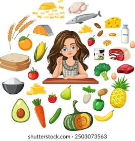Illustration of various healthy foods and a child