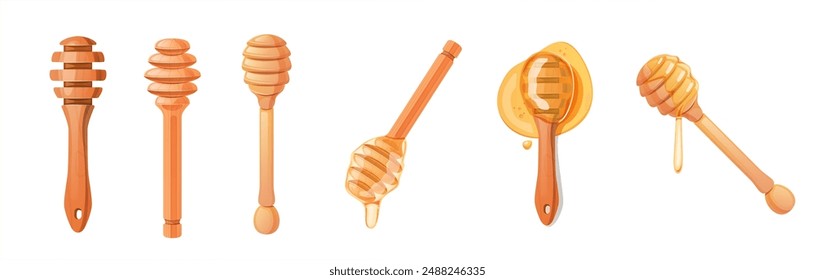 Illustration of various honey dippers with dripping honey, showcasing different designs and styles for honey enthusiasts.