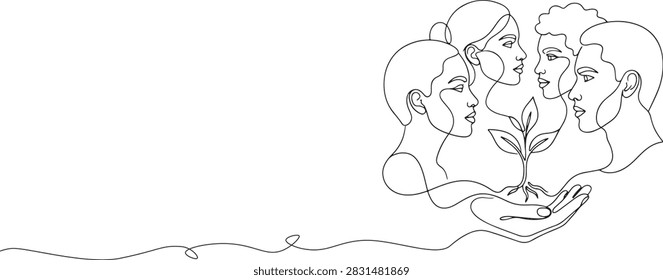 Illustration of various human profiles integrated with hands supporting plant shoots in the center, hand drawn outline vector illustration.