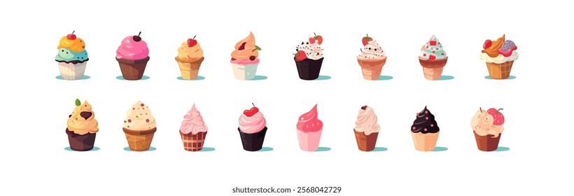 An illustration of various ice cream desserts in cones and cups, featuring vibrant flavors, toppings, and designs, perfect for summer or food-related themes.  