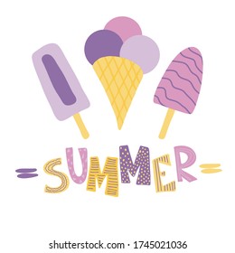 Illustration of various ice cream in purple colors and lettering Summer, flat vector illustration isolated on white background