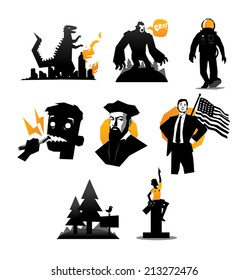Illustration of various icons set of mosters and humans vector isolated