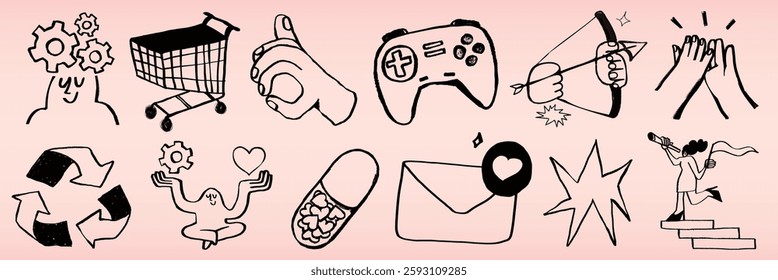 Illustration of various icons: shopping cart, game controller, recycling, meditation, email, and more. Black and white sketches on a pink background. Hand drawn vector set.