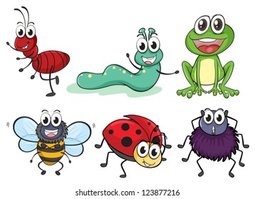 Illustration of various insects and animals on a white background