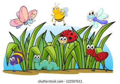 Illustration of various insects and grass on a white background